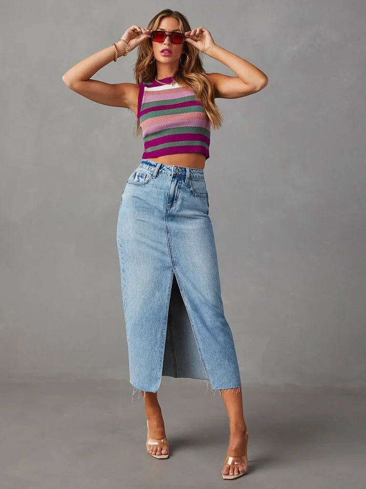 Washed Denim Split Midi Skirt - Vintage A-Line Cut