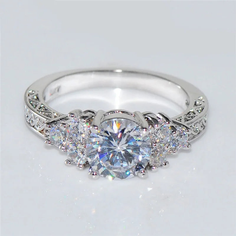 Silver Tone Zircon Engagement Ring - Bridal Anniversary Style