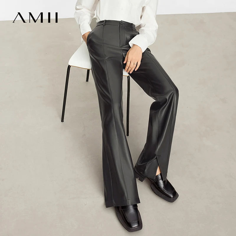 PU Leather Straight Pants - Floor Length Slit Design
