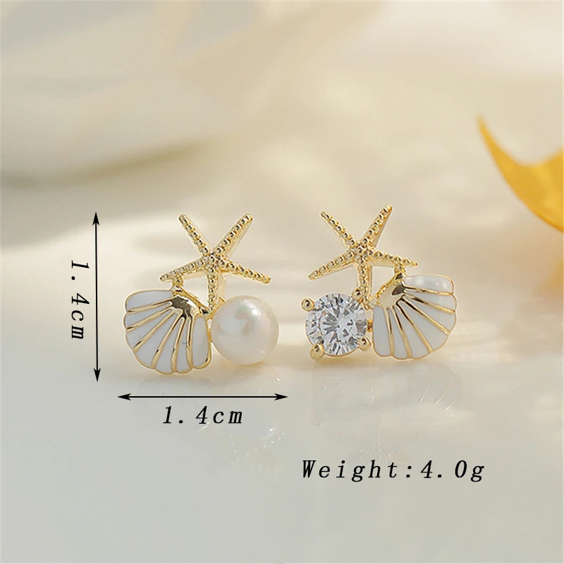 Shell Starfish Stud Earrings - Asymmetric Pearl Accent