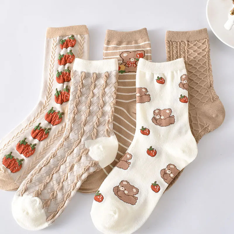 5-Pair Embroidered Flower Socks Set - Harajuku Retro Style