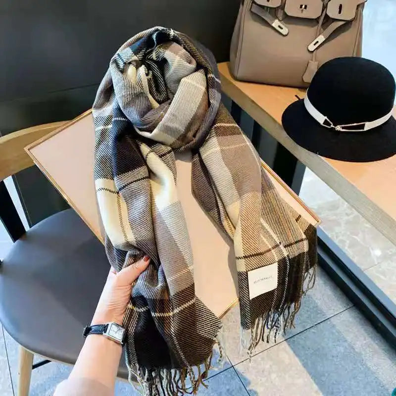 Plaid Tassel Pashmina Scarf - Long Warm Wrap