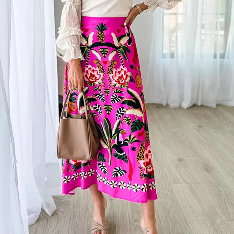 Botanical Print A-Line Skirt - Zipper Waist Design