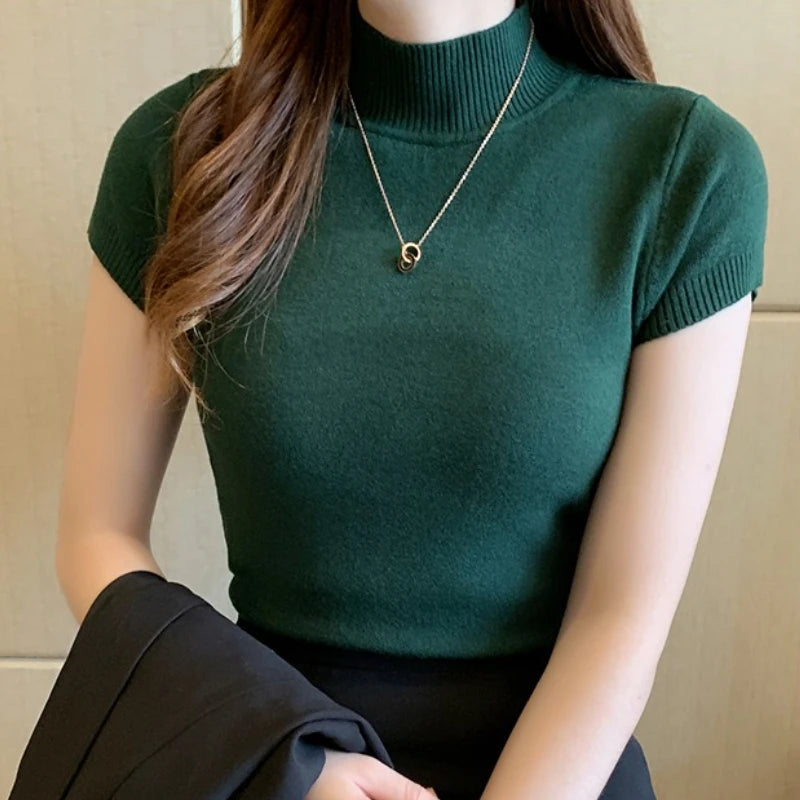 Half-High Neck Knit Tee - Korean Style One-Size Top