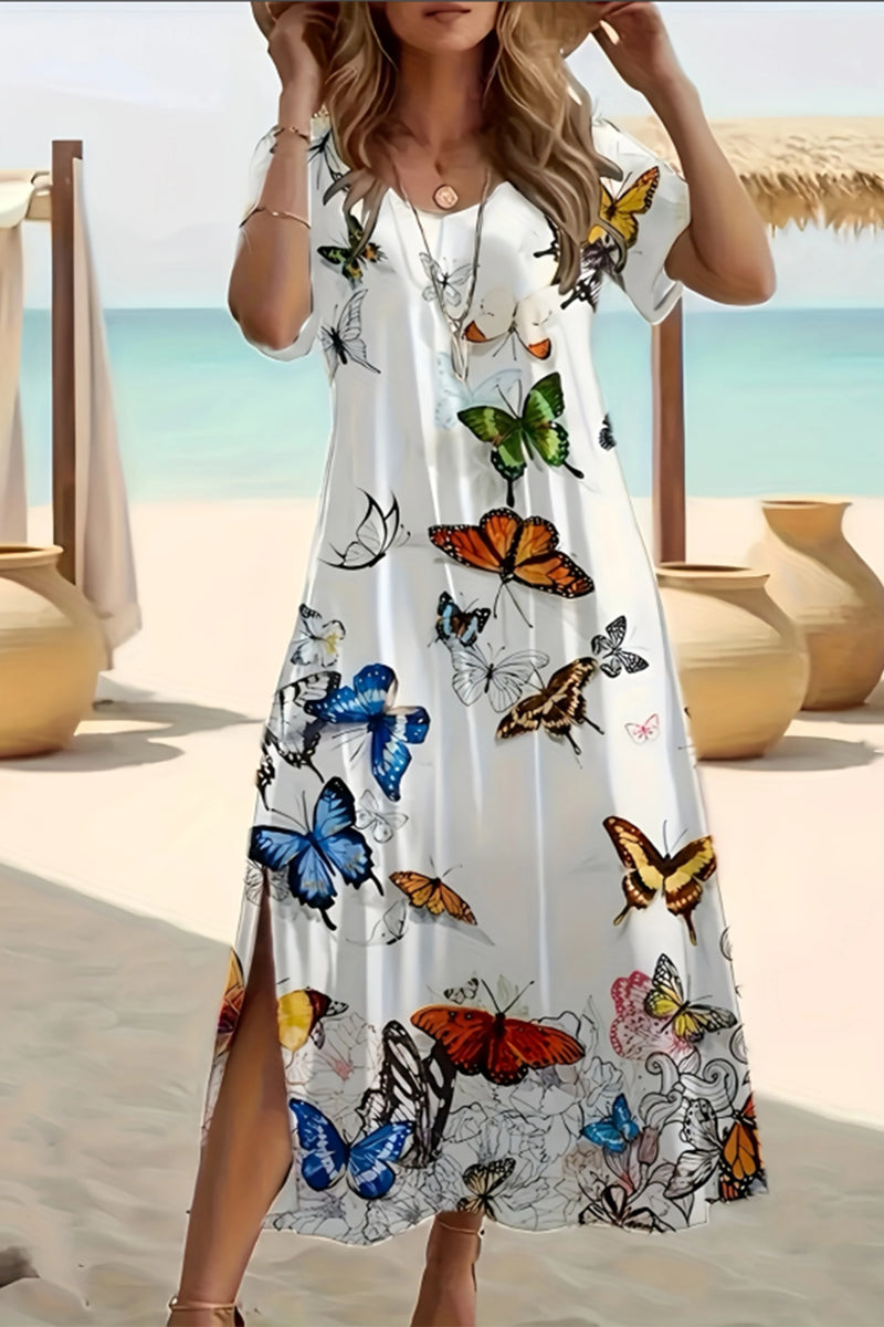Butterfly Print V-Neck Beach Dress