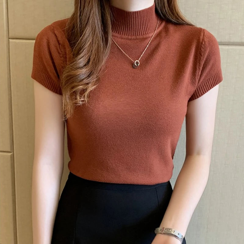 Half-High Neck Knit Tee - Korean Style One-Size Top