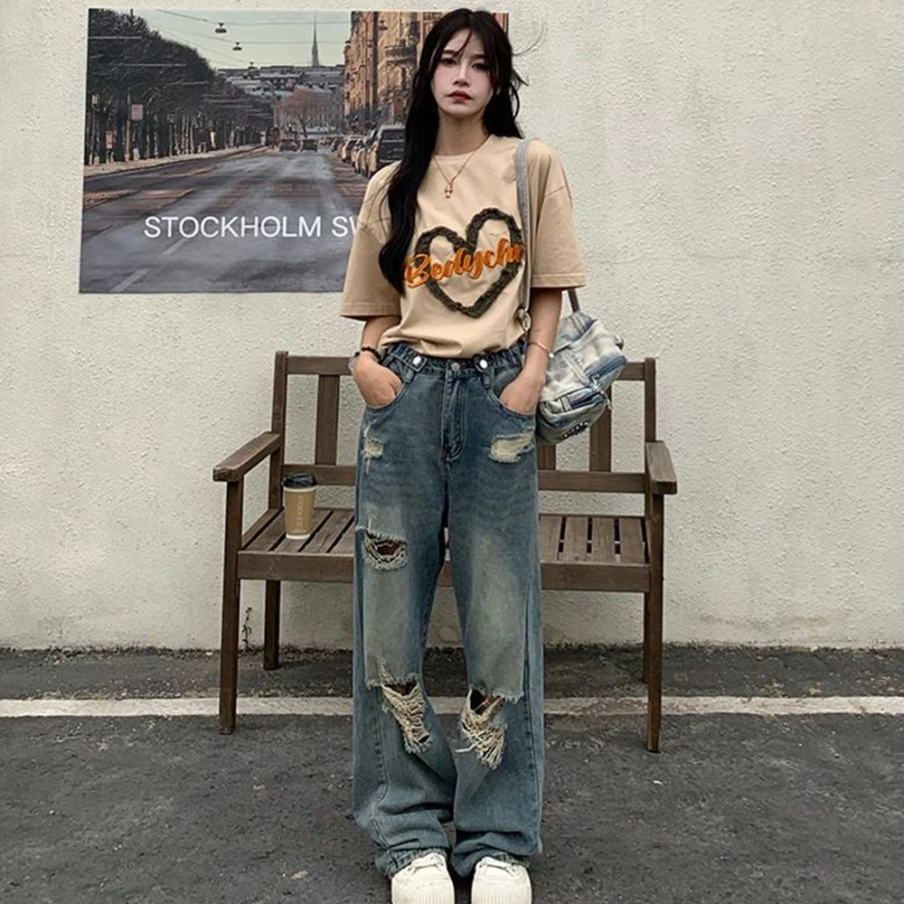 Ripped High-Waist Wide-Leg Jeans - American Retro Wash