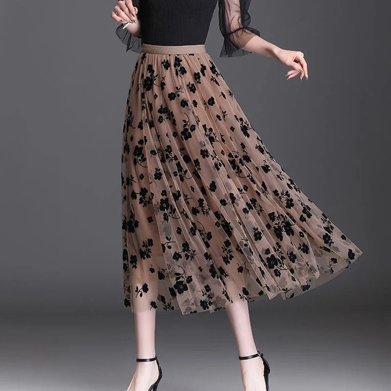 Floral Tulle Midi Skirt - Light Mesh Layered Style