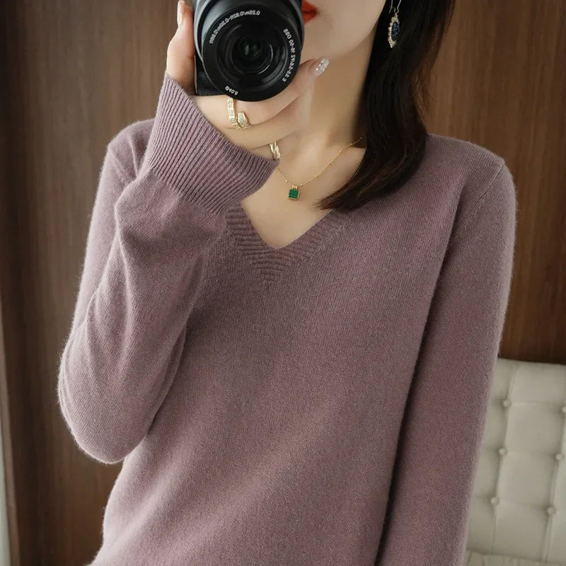 V-Neck Solid Knit Sweater - Warm Casual Pullover