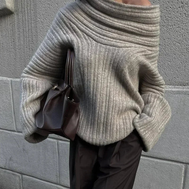 Off-Shoulder Retro Sweater - Loose Brown Knit Pullover