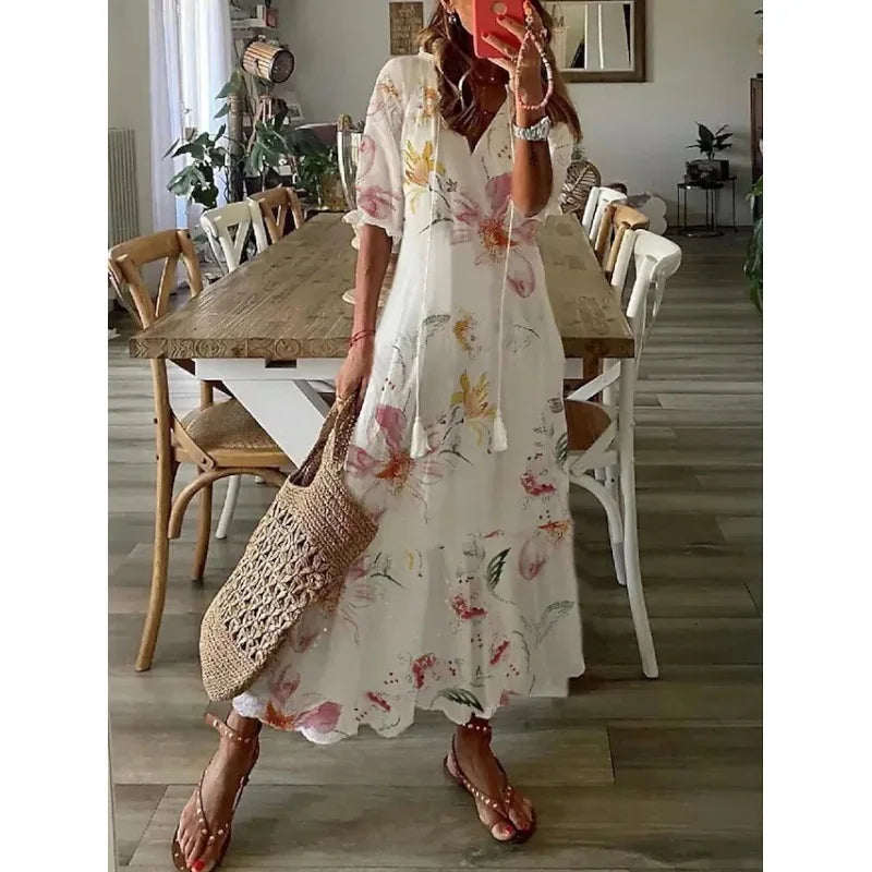 Floral Bohemian Maxi Dress - Drawstring V-Neck