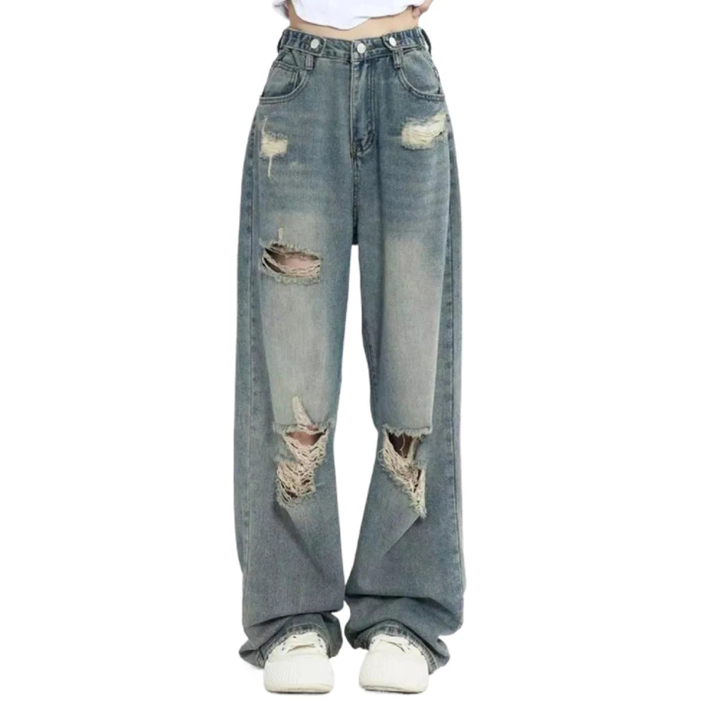 Ripped High-Waist Wide-Leg Jeans - American Retro Wash