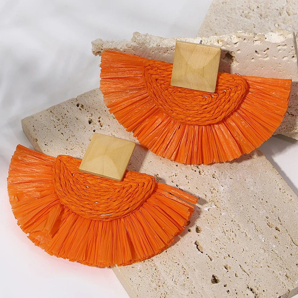 Raffia Fan Drop Earrings - Handmade Summer Statement