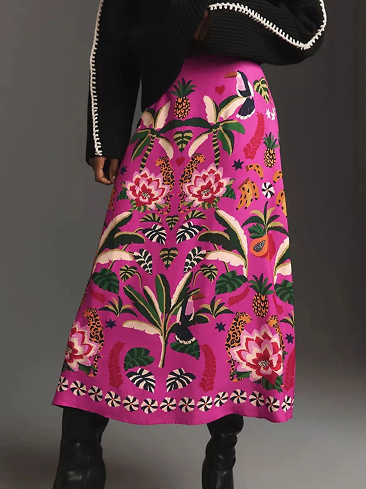 Botanical Print A-Line Skirt - Zipper Waist Design