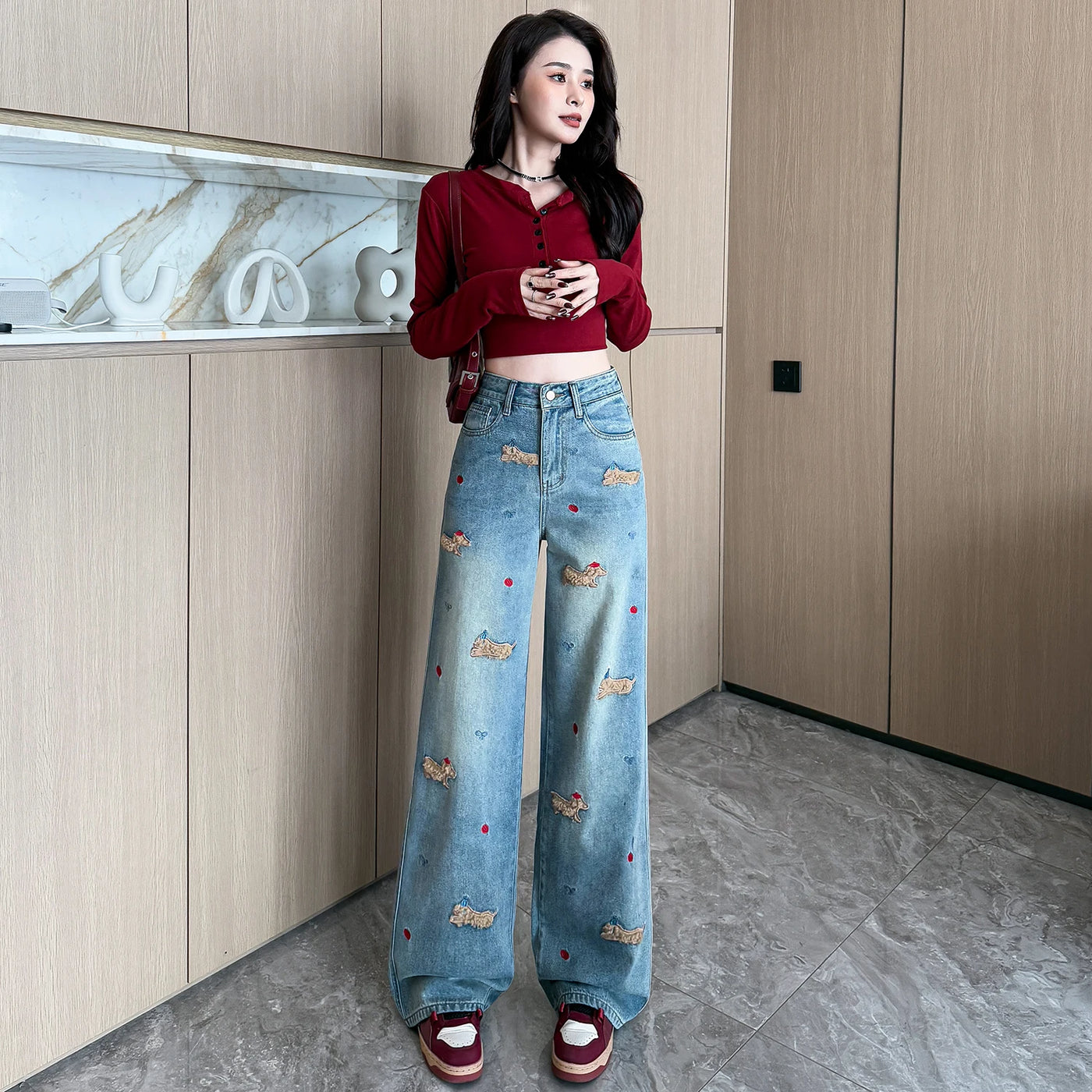 Embroidered Dog Straight-Leg Jeans - Korean Casual Denim