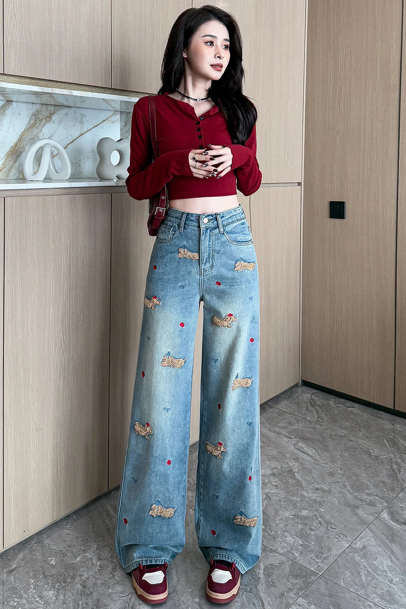 Embroidered Dog Straight-Leg Jeans - Korean Casual Denim