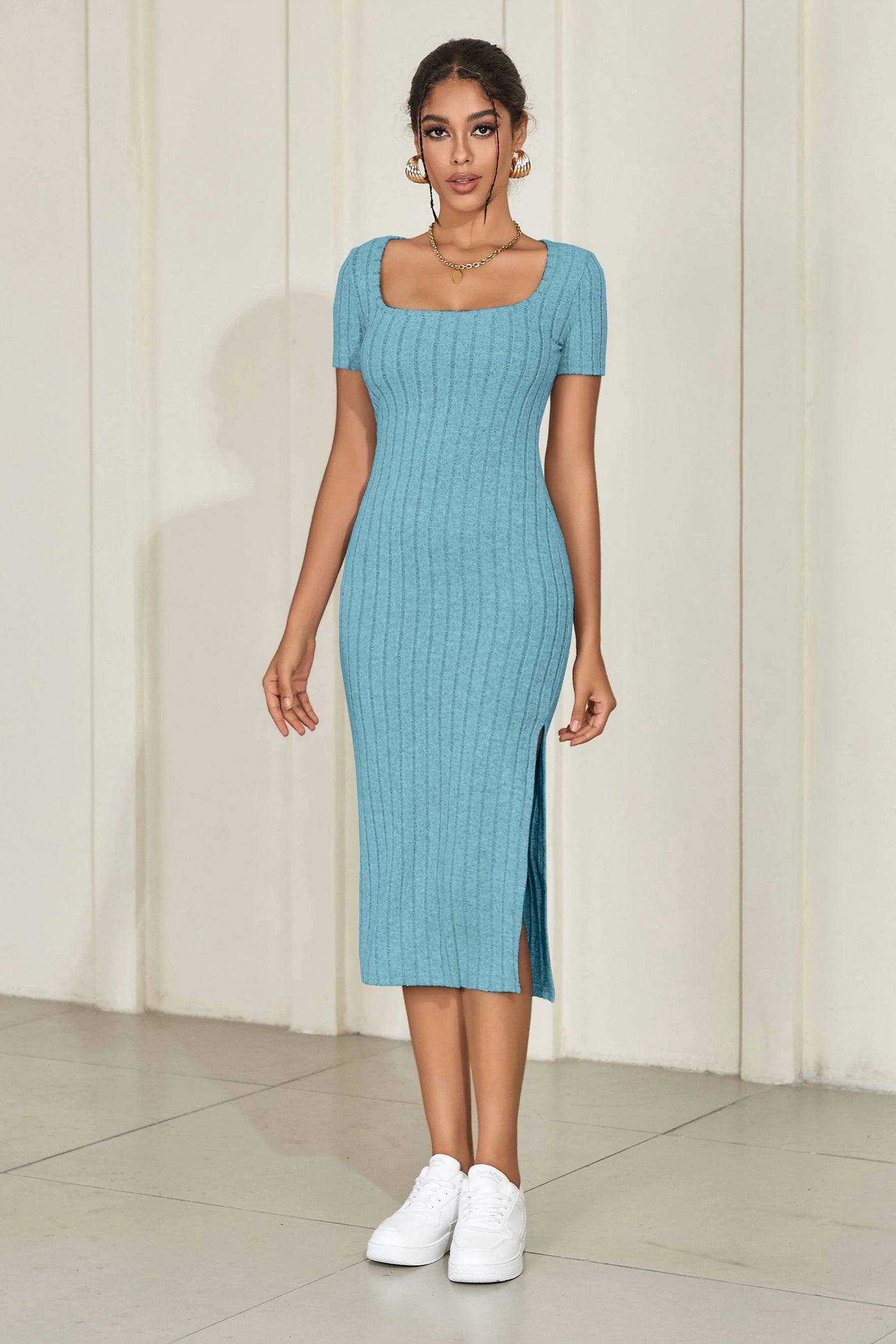 Square-Neck Knitted Slit Dress - Short-Sleeve Mid-Calf Fit