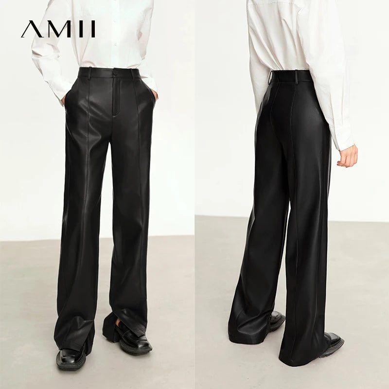 PU Leather Straight Pants - Floor Length Slit Design