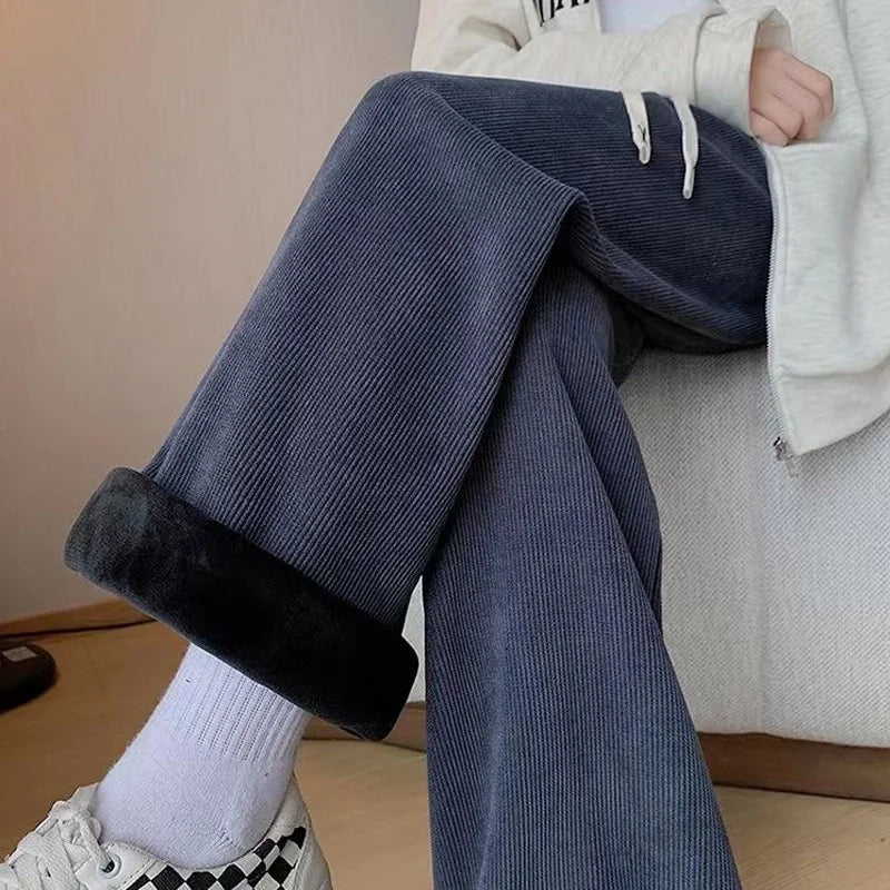 Corduroy Straight Pants - Elastic Waist Fleece Style