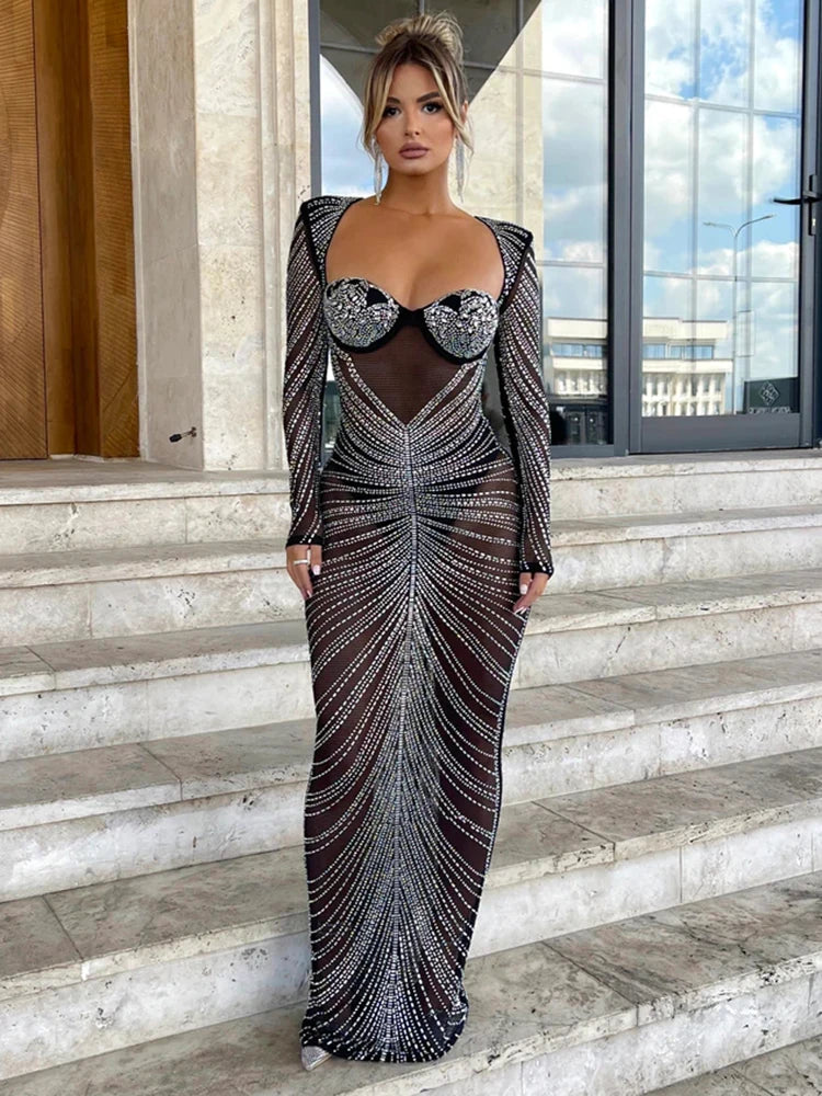 Glitter Mesh Bodycon Maxi Dress - Long-Sleeve Evening Glam