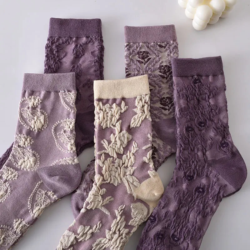 5-Pair Embroidered Flower Socks Set - Harajuku Retro Style