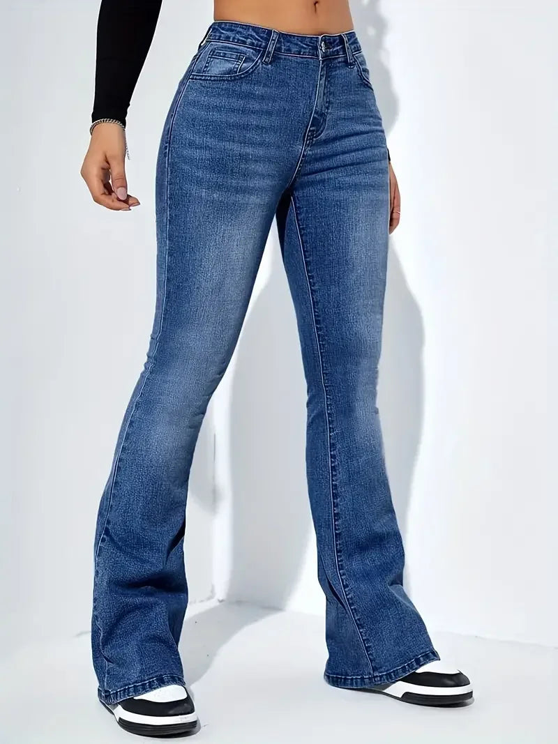 Gray Flare Stretch Jeans - High-Waist Bell-Bottom Fit