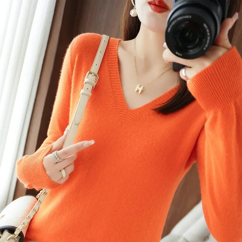 V-Neck Solid Knit Sweater - Warm Casual Pullover