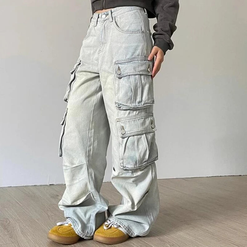 Baggy Cargo Wide-Leg Jeans - Multi-Pocket Street Style