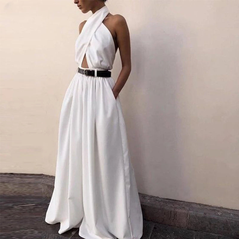 Halter Backless Wide-Leg Jumpsuit - Sleek High-Waist Fit