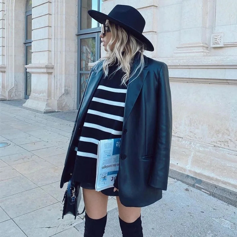 Striped Turtleneck Sweater - Long Sleeve Loose Knit Jumper