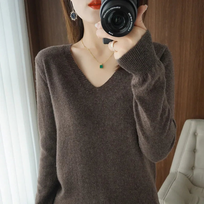 V-Neck Solid Knit Sweater - Warm Casual Pullover