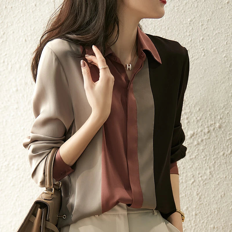 Satin Button Blouse - Long Sleeve Polo Collar Shirt