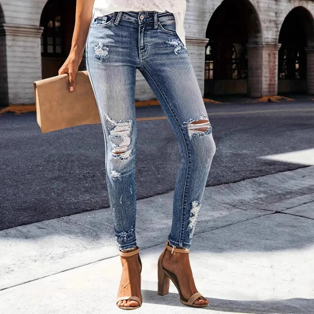 Distressed Straight Jeans - Stretch Washed Ankle Fit