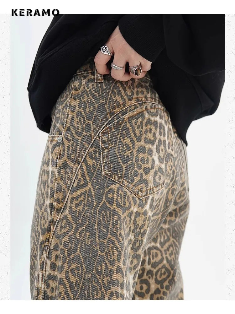 Leopard Print Wide-Leg Jeans - Vintage High-Waist Denim