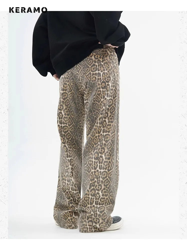 Leopard Print Wide-Leg Jeans - Vintage High-Waist Denim