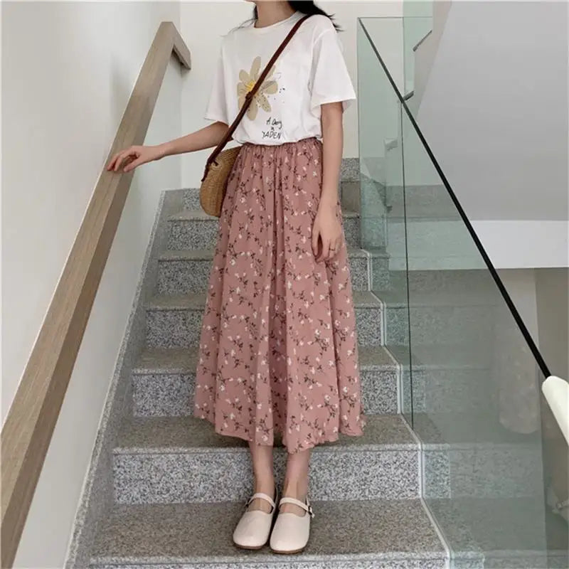 Floral Pleated Midi Skirt - Drawstring A-Line Style