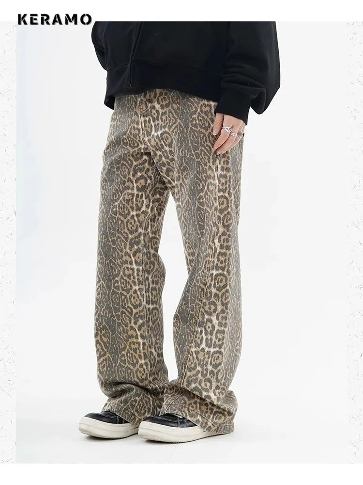Leopard Print Wide-Leg Jeans - Vintage High-Waist Denim