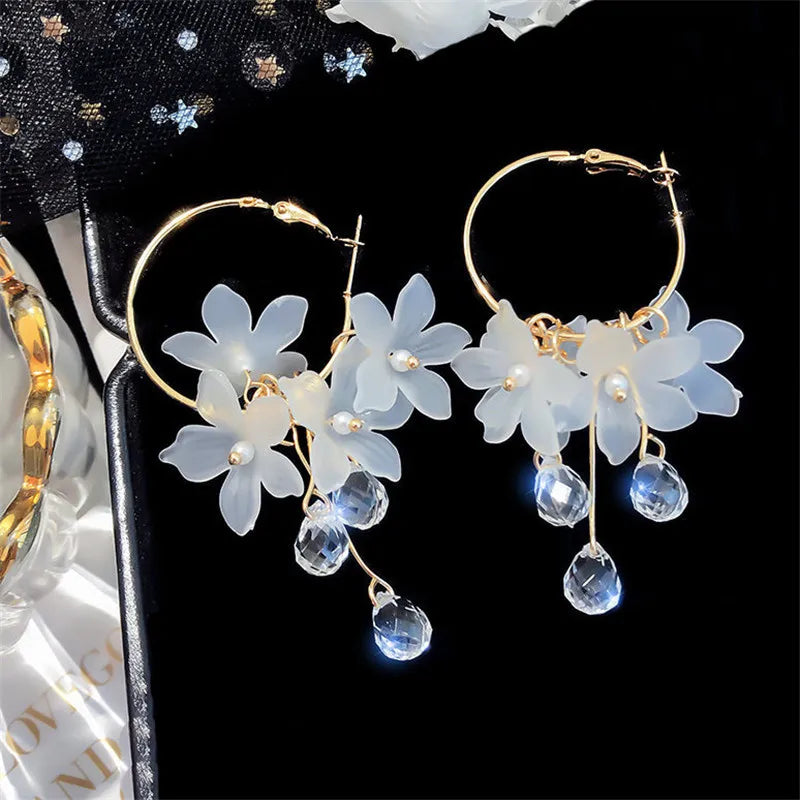 Crystal Flower Drop Earrings - Long Tassel Statement Style