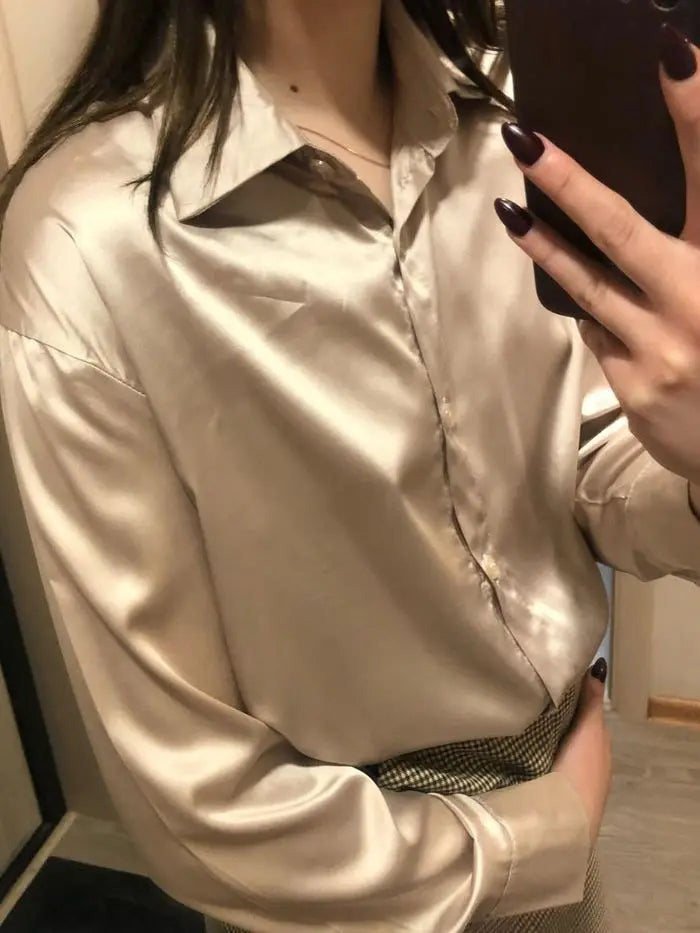 Vintage Button-Up Shirt - Long Sleeve Loose Blouse
