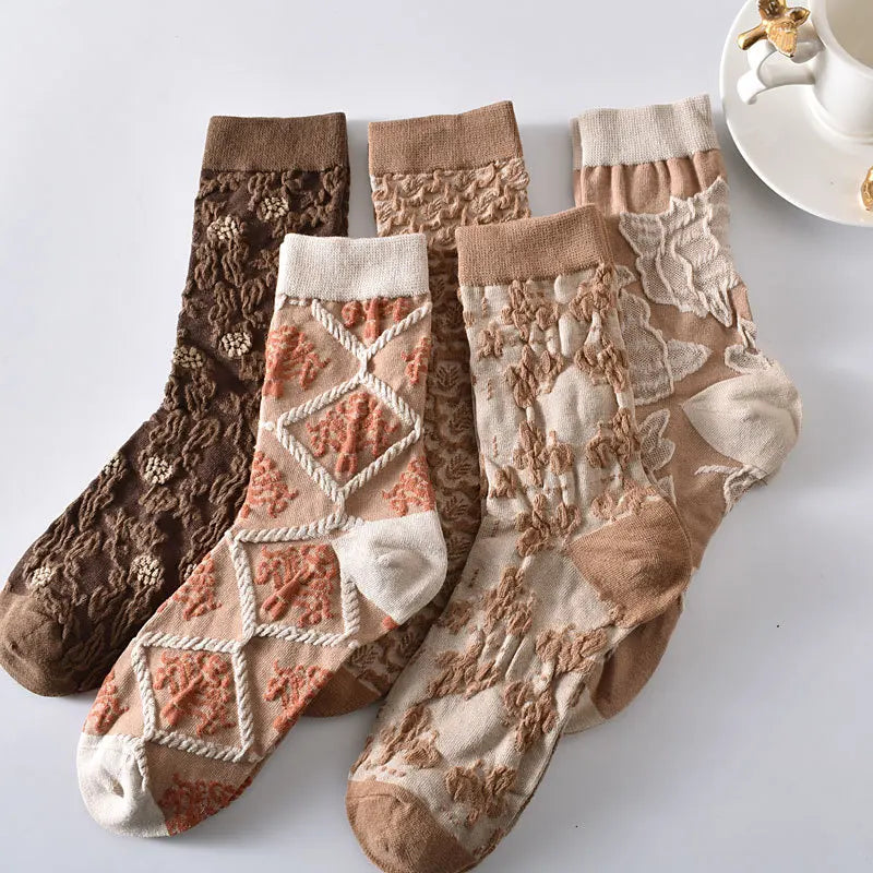 5-Pair Embroidered Flower Socks Set - Harajuku Retro Style