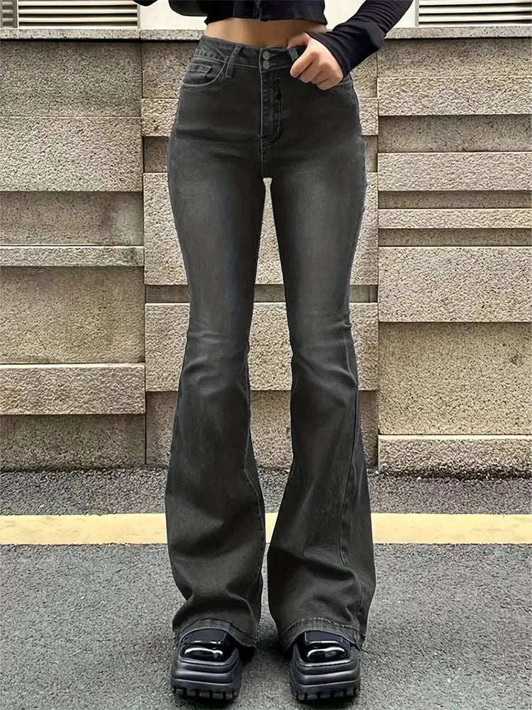 Gray Flare Stretch Jeans - High-Waist Bell-Bottom Fit