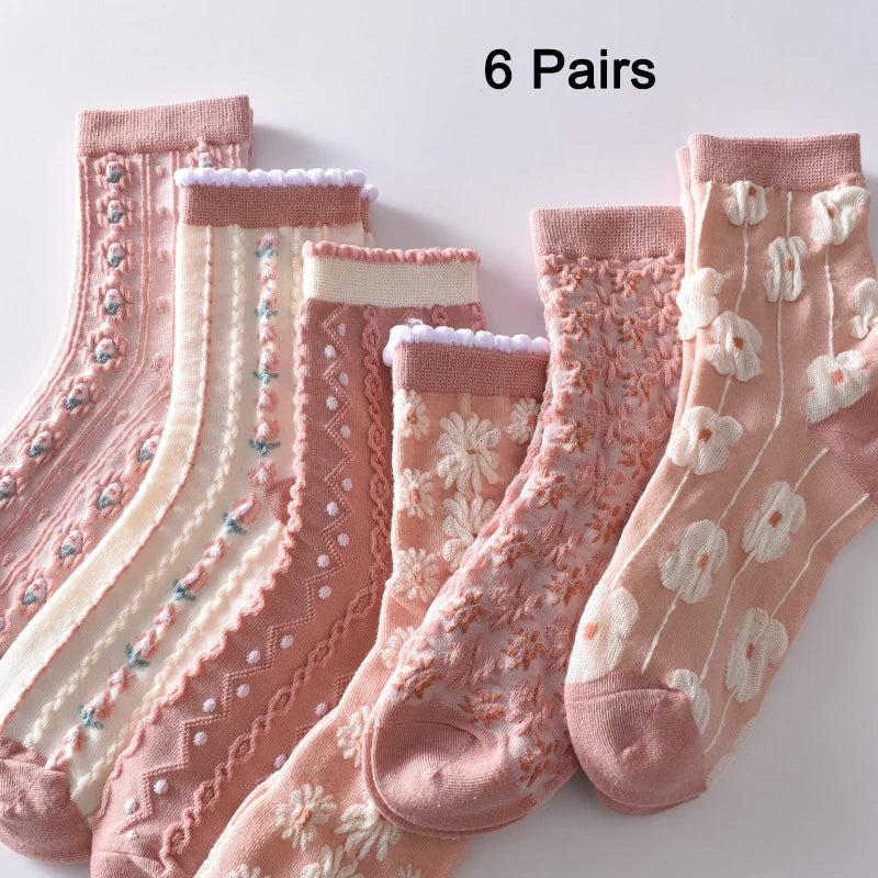 5-Pair Embroidered Flower Socks Set - Harajuku Retro Style