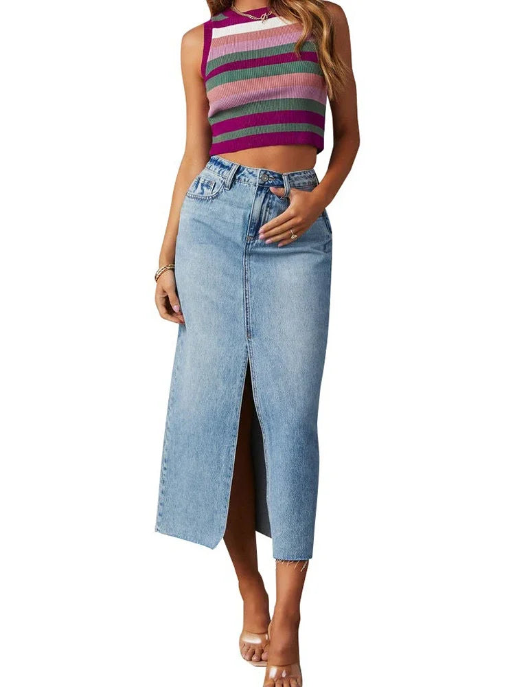 Washed Denim Split Midi Skirt - Vintage A-Line Cut
