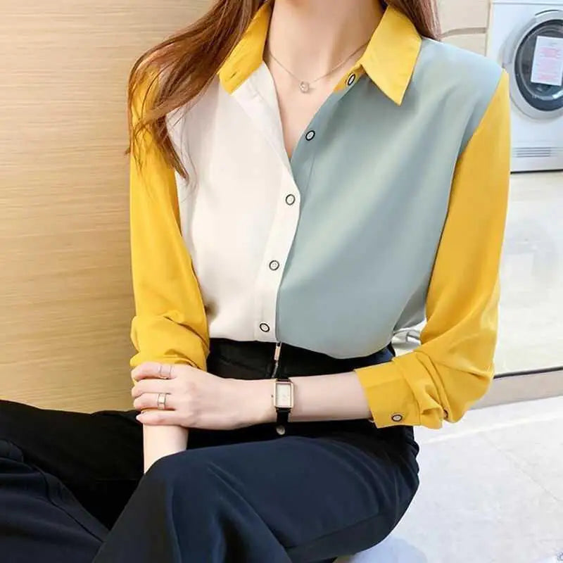 Solid Button-Front Blouse - Turn-Down Collar Loose Shirt