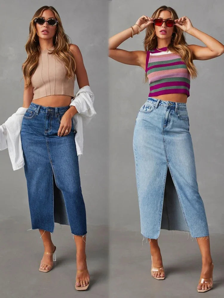 Washed Denim Split Midi Skirt - Vintage A-Line Cut