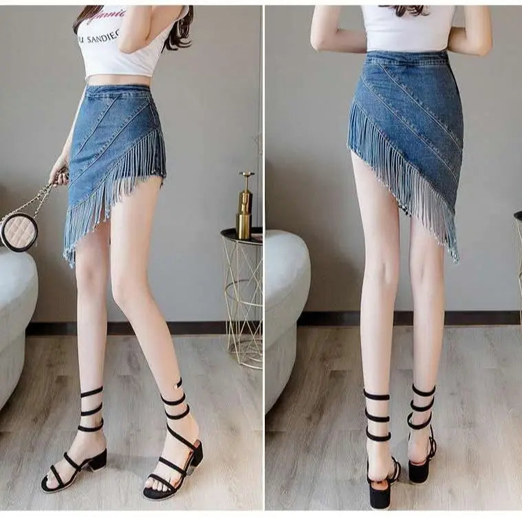 High Waist Fringe Denim Skirt - Coquette Streetwear