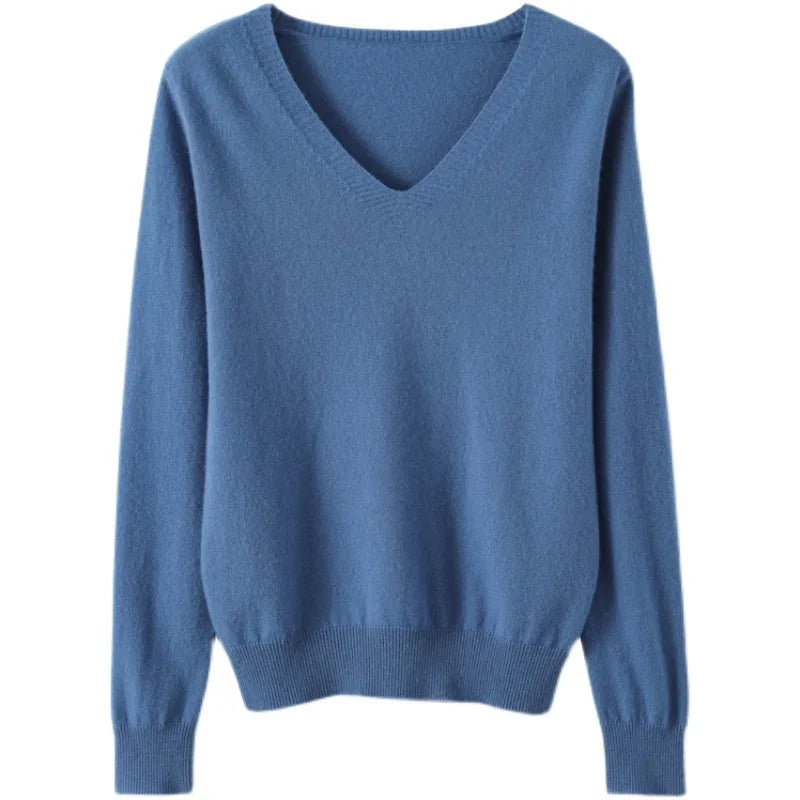 V-Neck Solid Knit Sweater - Warm Casual Pullover