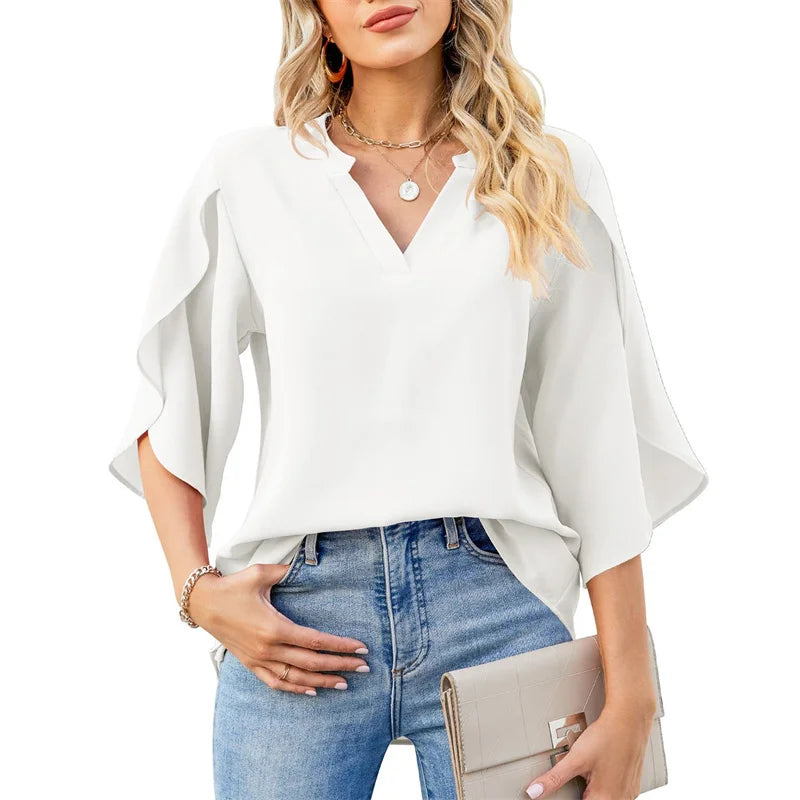 Chiffon V-Neck Blouse - Flare Sleeve Loose Summer Top