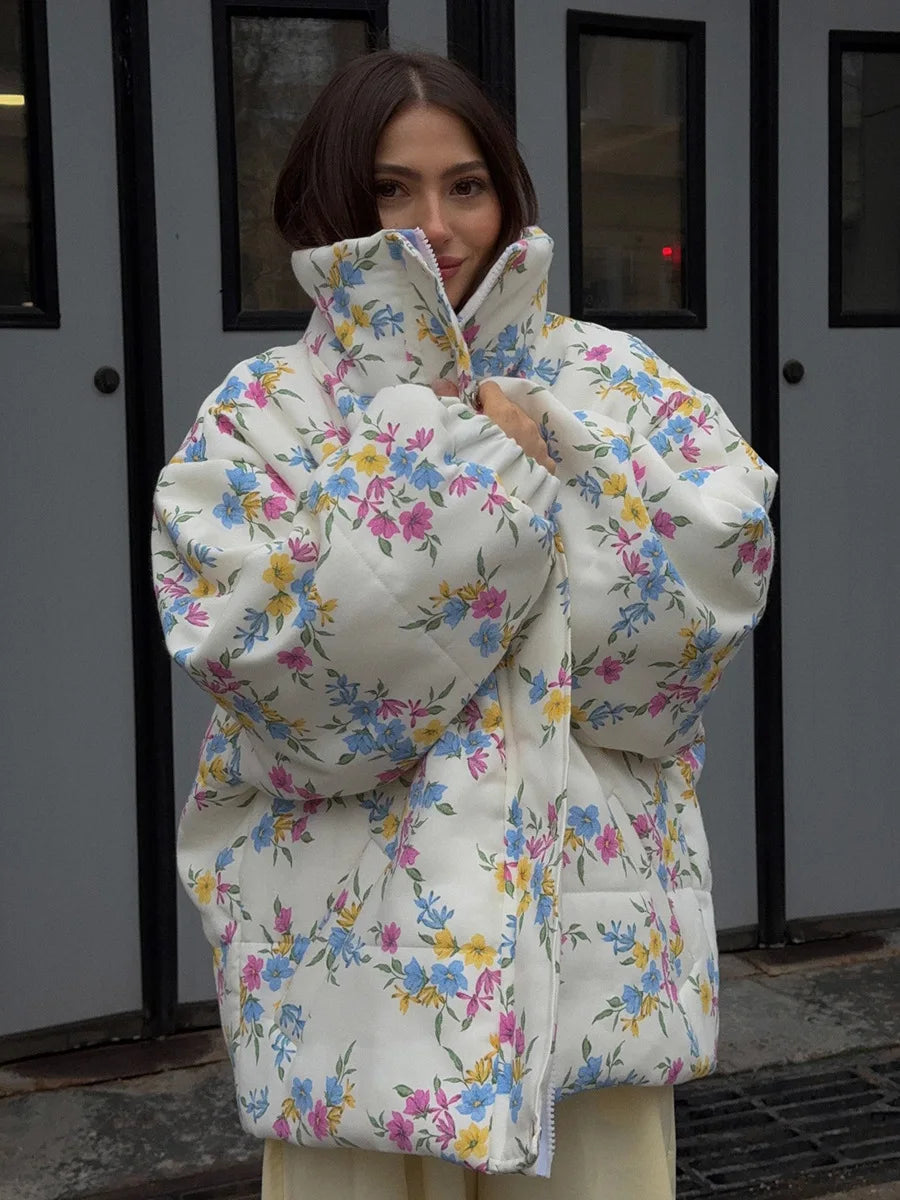 Floral Print Puffer Jacket - Oversized Stand Collar Coat