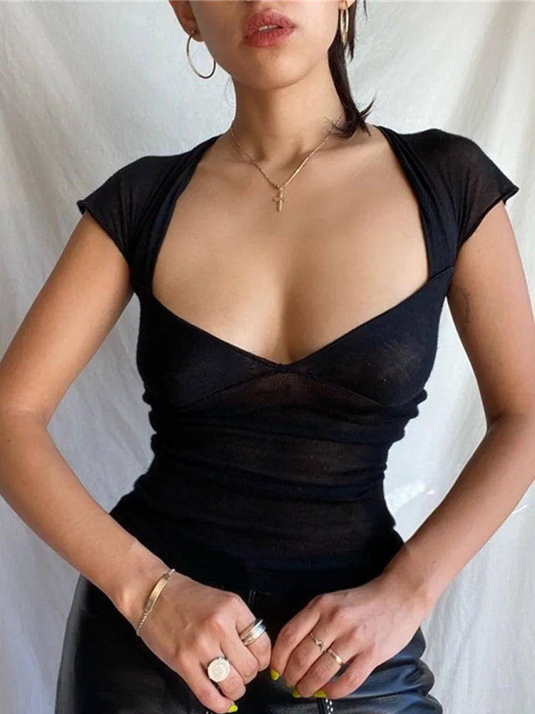 Square Collar Backless Crop Top - Short Sleeve Streetwear Tee